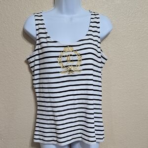 Ralph Lauren White & Black Striped Tank with Gold Embroidered Crest